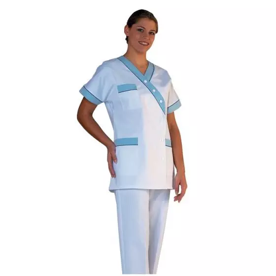 Kobieca tunika medyczna Timme biała z niebieską lamówką Mulliez