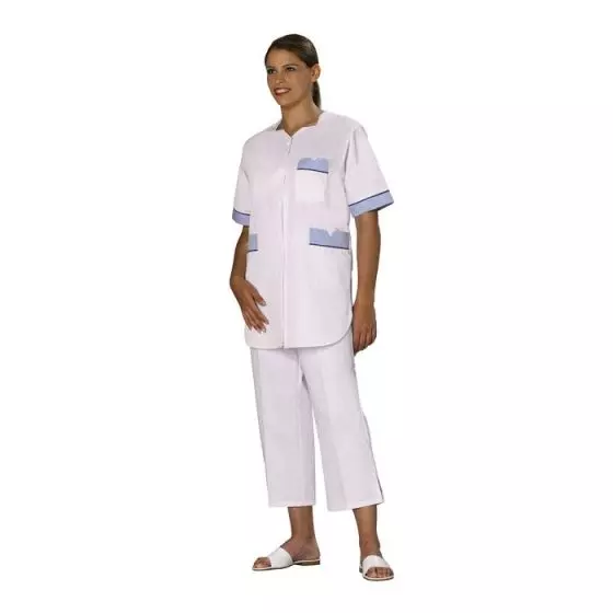 Kobieca tunika medyczna Tivry biała z niebieskimi elementami i lamówką Mulliez